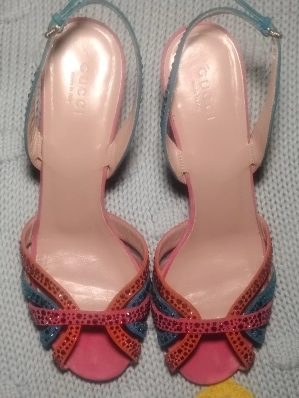 Gucci Pink, Blue & Orange Jeweled Slingback Sandals Heels Sz 7